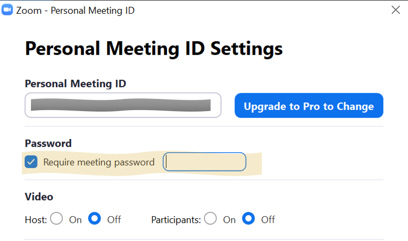 Finestra impostazioni meeting di zoom con l'opzione password abilitata